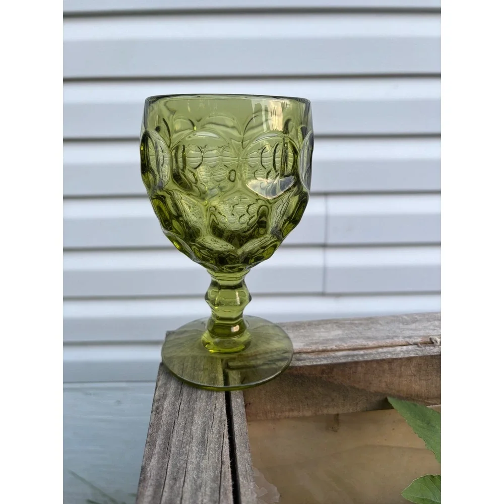 Imperial Glass Provincial Green Thumbprint Honeycomb Water Goblet 6 inch Vintage